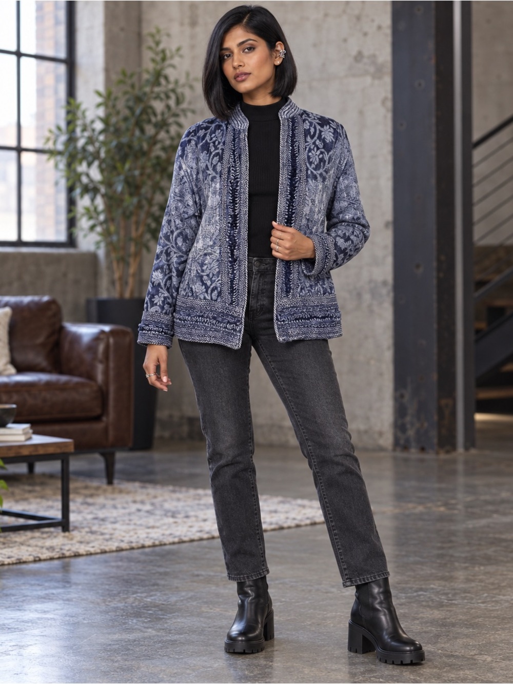 Coldwater Creek Blue Floral Jacquard Open Front Jacket Size Petite Medium Cotton